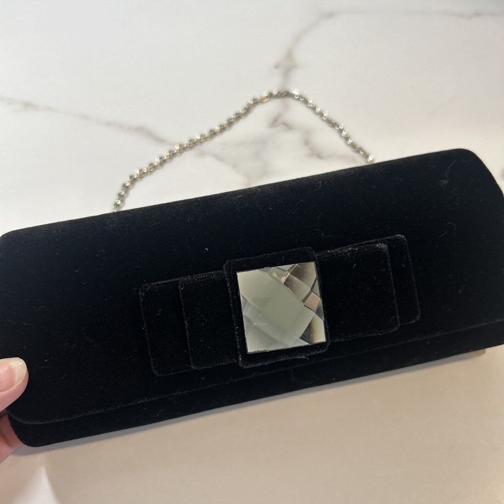 Elegant Lapis Evening Bag Hand Purse With Chain Strap Black Velvet W/ Rhinestone
